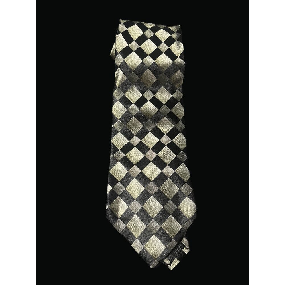 Black & Gold Checkered Silk Tie For Men T01 I